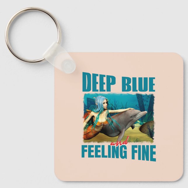 Deep Blue and Feeling Fine Mermaid Dolphin Art Keychain (Front)