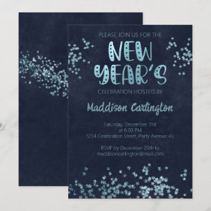 Deep Blue And Glitter Stars New Year's Party Invitation