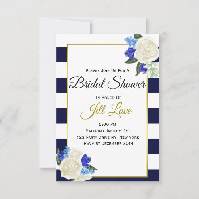Deep Blue and Gold Floral Bridal Shower Invite (Front)