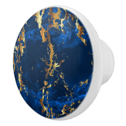 Deep Blue and Gold Marble Ceramic Knob