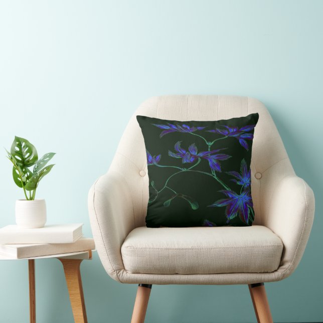 Deep Blue and Green Japanese Maple Leaf Design Throw Pillow (Chair)