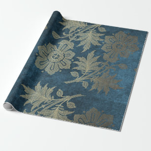 Deep Blue and Light Gold Flower Wrapping Paper