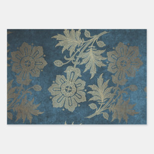 Deep Blue and Light Gold Flower Wrapping Paper Sheets