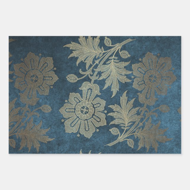 Deep Blue and Light Gold Flower Wrapping Paper Sheets (Front)