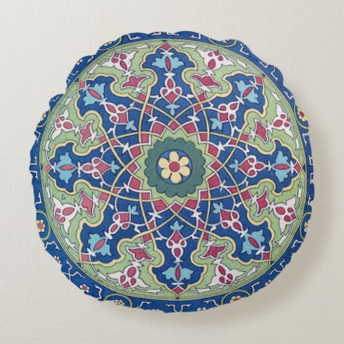 Deep Blue And Sage Arabic Motif Round Pillow
