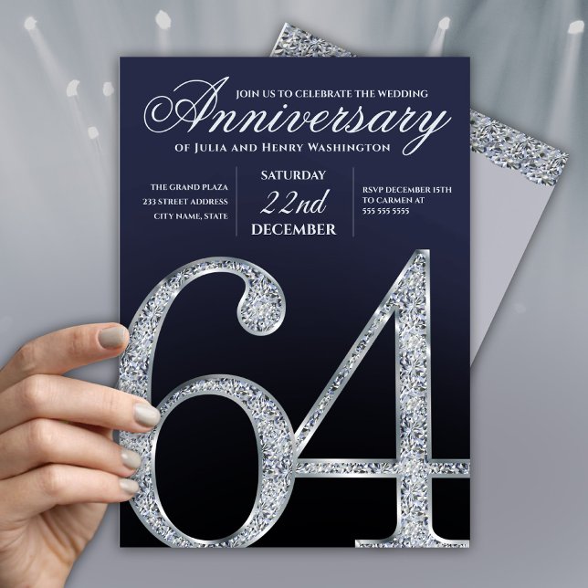 Deep Blue and Silver 64th Wedding Anniversary  Invitation (Creator Uploaded)