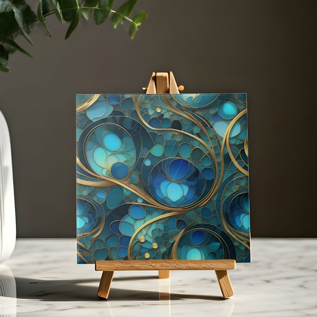 Deep Blue and Turquoise Waves with Gold Swirls Ceramic Tile (Creator Uploaded)