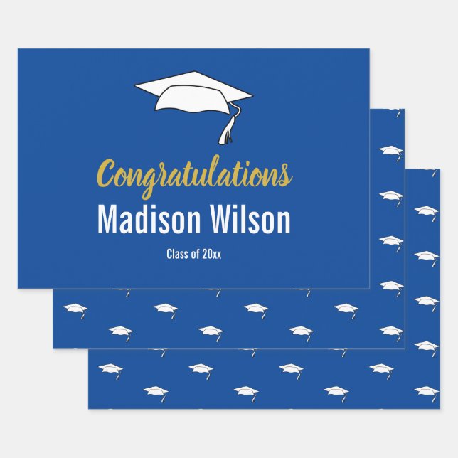 Deep Blue and White Graduation Congratulations Wrapping Paper Sheets (Set)