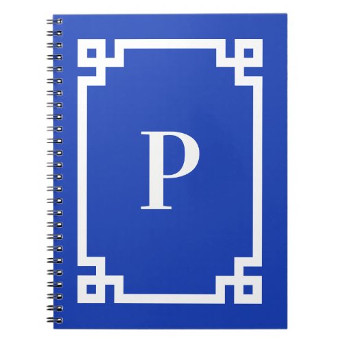 Deep Blue and White Greek Key Border Monogram Notebook