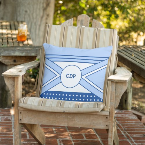 Deep blue and white initials time to relax outdoor pillow