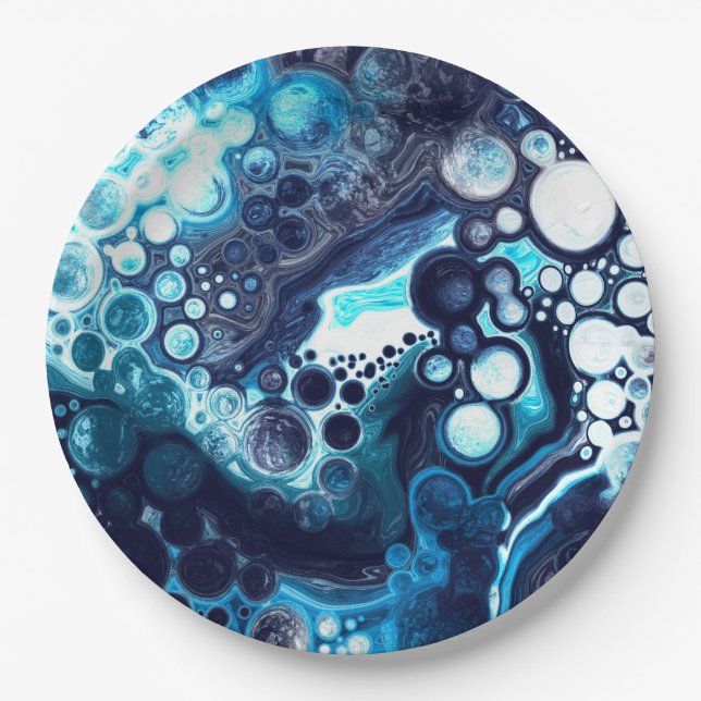 Deep Blue and White Marble Fluid Art    Paper Plates (Front)