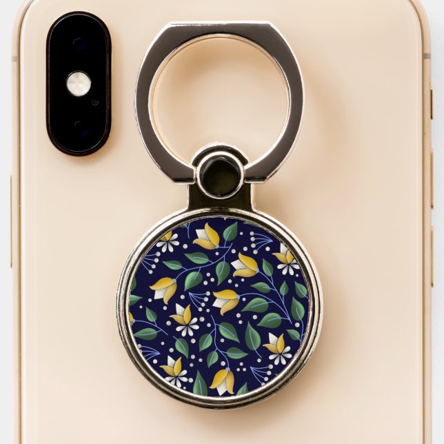 Deep Blue and Yellow Floral Phone Ring Stand (Close Up)