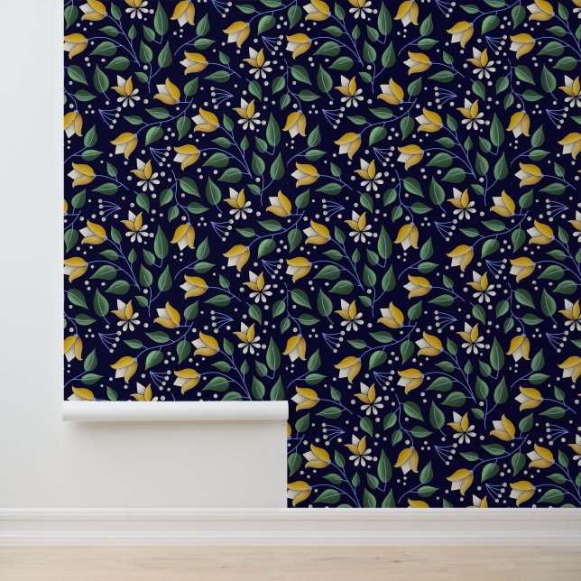 Deep Blue and Yellow Floral  Wallpaper (Application)