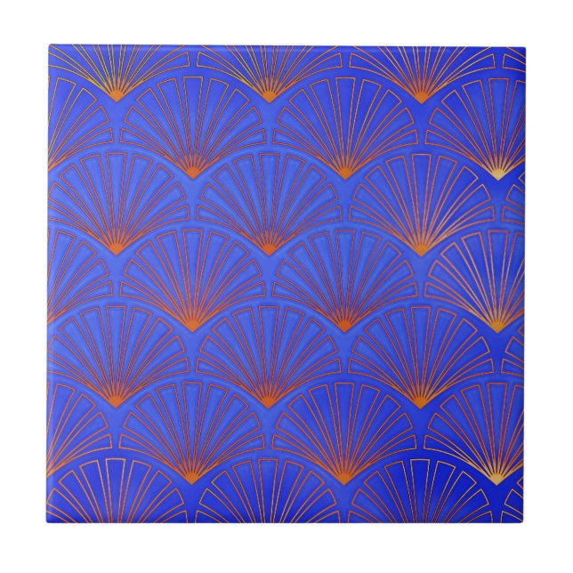 Deep blue, Asian Fan Pattern,art deco, pattern,vin Ceramic Tile (Front)