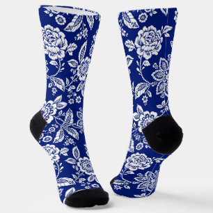 Deep Blue Background and White Floral Socks