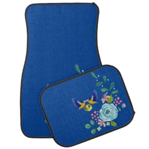 Deep Blue Birds Floral Floor Car Mats