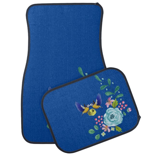 Deep Blue Birds Floral Floor Car Mats (Set)