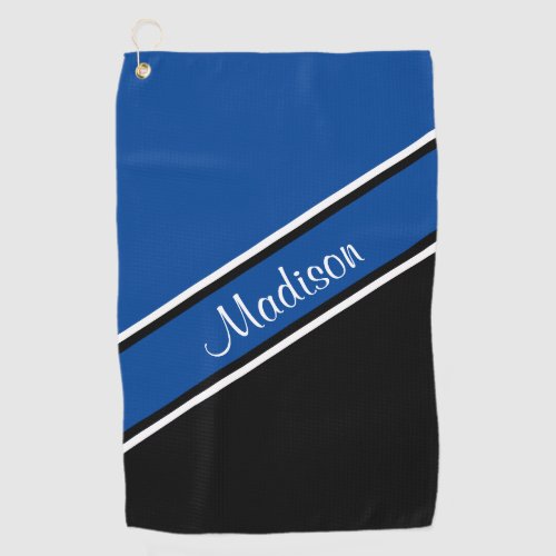 Deep Blue Black Diagonal Stripe Script Name Golf Towel