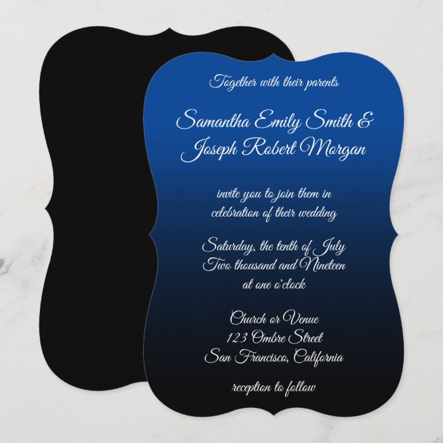 Deep Blue Black Ombre Elegant Calligraphy Wedding Invitation (Front/Back)