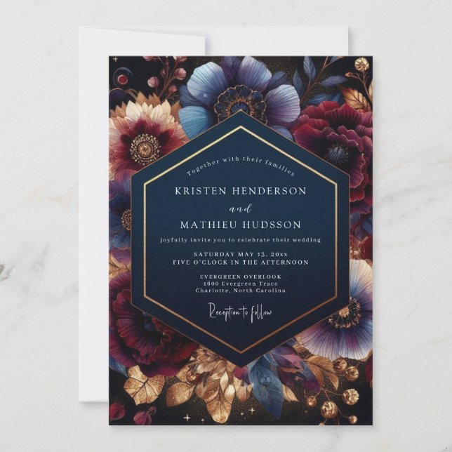 Deep Blue Botanical Bloom Wedding Invitation (Front)