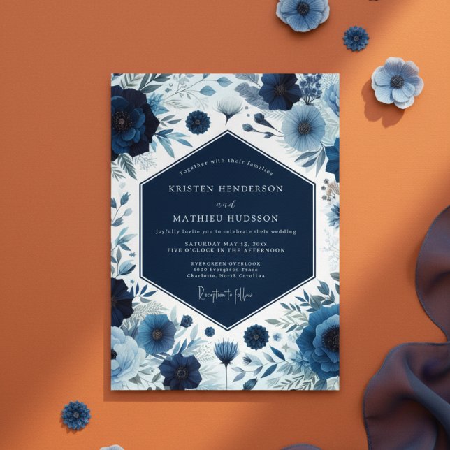 Deep Blue Botanical Bloom Wedding Invitation (Creator Uploaded)