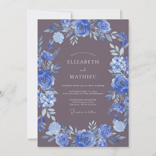 Deep Blue Botanical Flourish Wedding Invitation (Front)