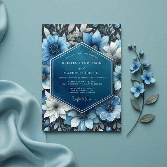 Deep Blue Botanical Opulence Wedding Invitation (Creator Uploaded)