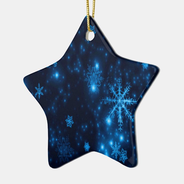 Deep Blue Bright Snowflakes Ceramic Star Ornament (Left)