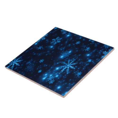 Deep Blue  Bright Snowflakes Ceramic Tile