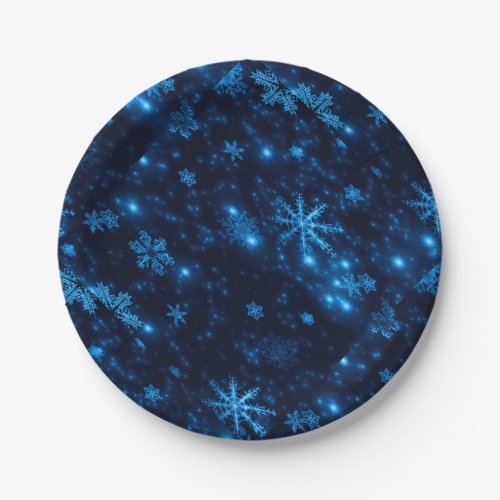 Deep Blue  Bright Snowflakes Paper Plates