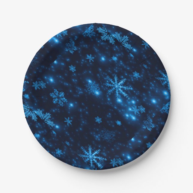 Deep Blue & Bright Snowflakes Paper Plates (Front)
