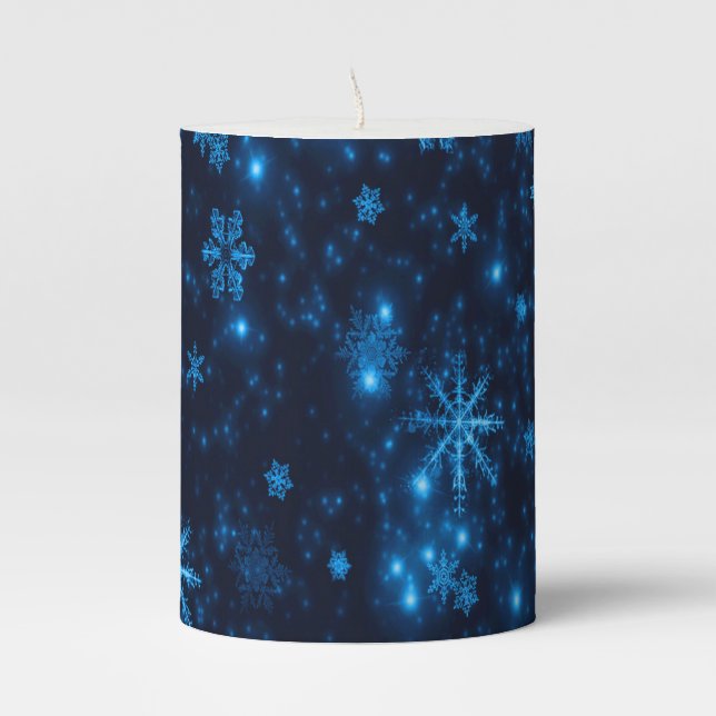 Deep Blue & Bright Snowflakes Pillar Candle (Front)