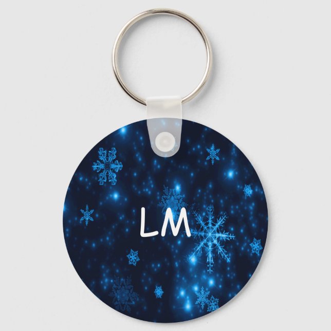 Deep Blue & Bright Snowflakes Round Keychain (Front)