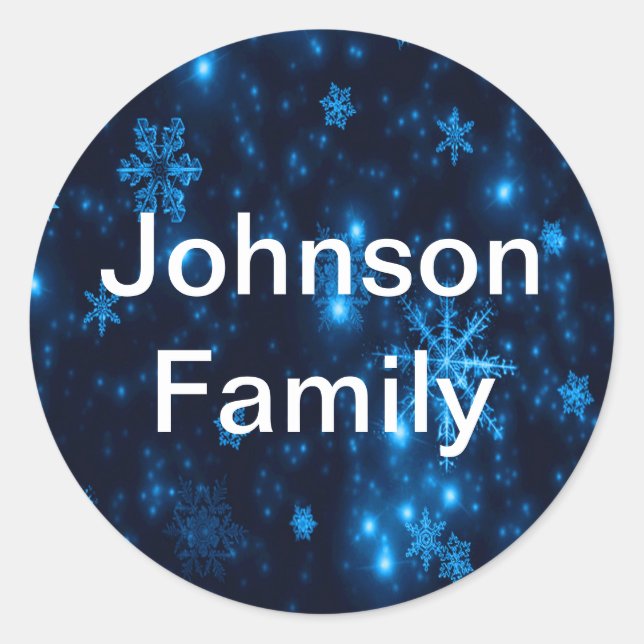 Deep Blue & Bright Snowflakes Round Sticker (Front)