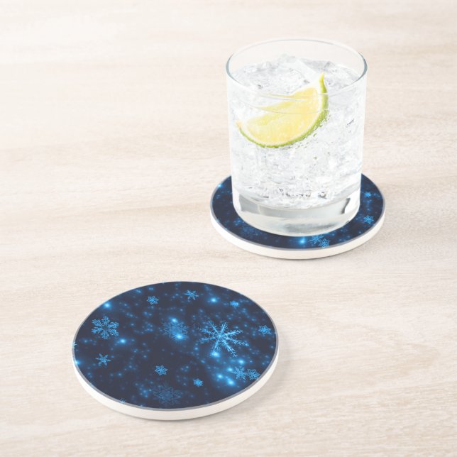 Deep Blue & Bright Snowflakes Sandstone Coaster (Side)