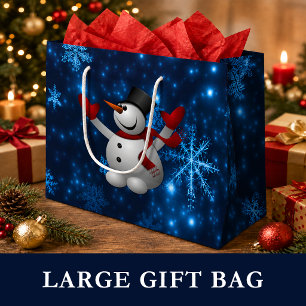 Deep Blue & Bright Snowflakes Snowman, Let It Snow Large Gift Bag