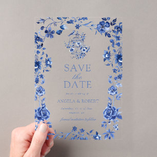 Deep Blue Chinoiserie Vintage Floral Wedding Acrylic Invitations