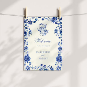 Deep Blue Chinoiserie Vintage Floral Wedding Poster
