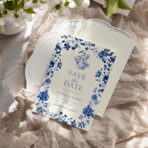 Deep Blue Chinoiserie Vintage Floral Wedding Save The Date