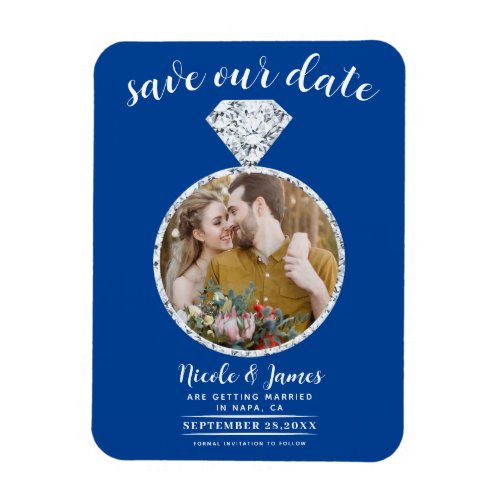 Deep Blue Diamond Ring Bling Photo Save the Date Magnet