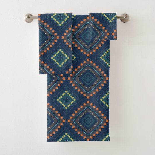 Deep Blue Ethnic Folk Boho Chic Mosaic Pattern Bath Towel Set | Zazzle.com