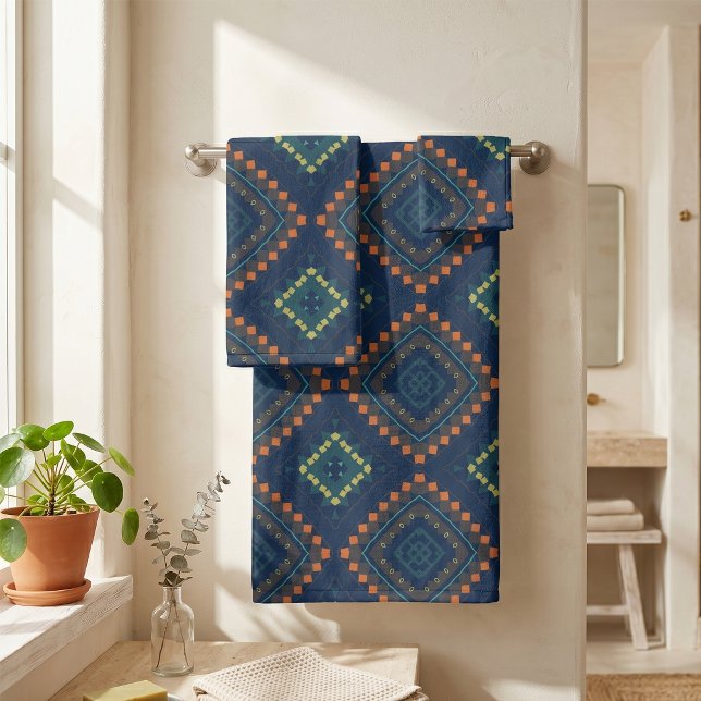 Deep Blue Ethnic Folk Boho Chic Mosaic Pattern Bath Towel Set (Creator Uploaded)