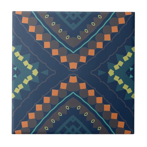 Deep Blue Ethnic Folk Boho Chic Mosaic Pattern Ceramic Tile