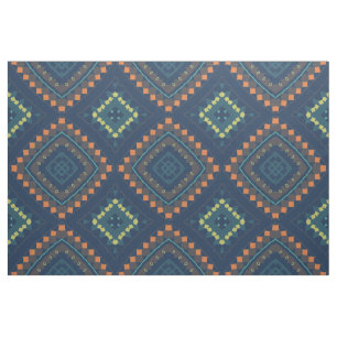 Deep Blue Ethnic Folk Boho Chic Mosaic Pattern Fabric