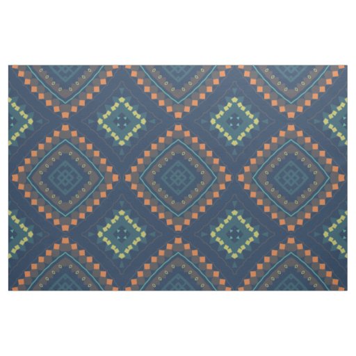 Deep Blue Ethnic Folk Boho Chic Mosaic Pattern Fabric