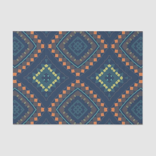 Deep Blue Ethnic Folk Boho Chic Mosaic Pattern Tissue Paper (Front)