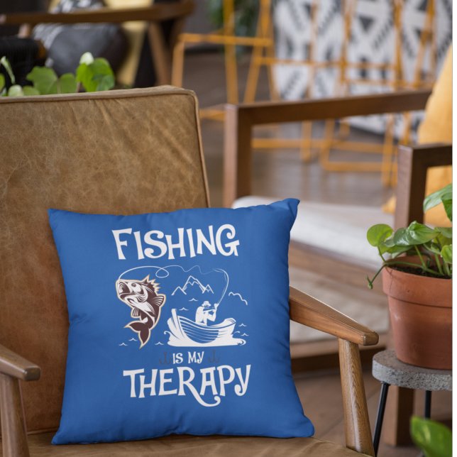 Deep Blue Fishing Is My Therapy Row Boat  Throw Pillow (Creator Uploaded)