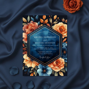 Deep Blue Floral Autumn Wedding Invitation