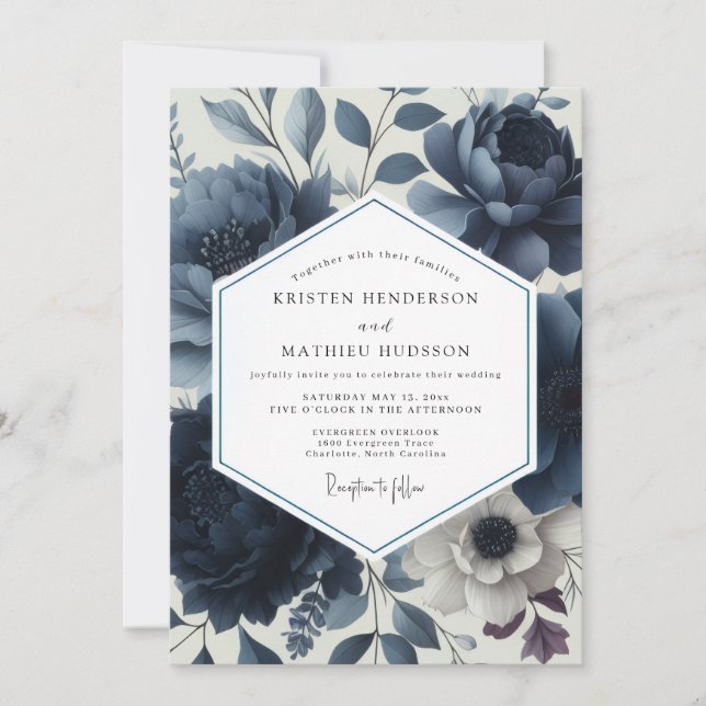 Deep Blue Floral Elegance Wedding Invitation (Front)