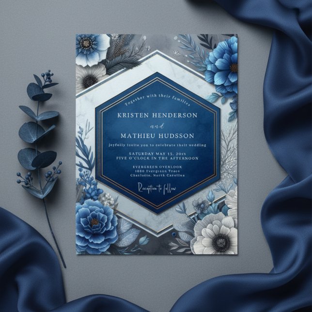 Deep Blue Floral Enchantment Wedding Invitation (Creator Uploaded)